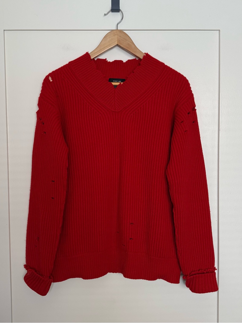 Helmut Lang Sweater Womens Sz S Red Ribbed Distressed V Neck Oversized 100% Wool